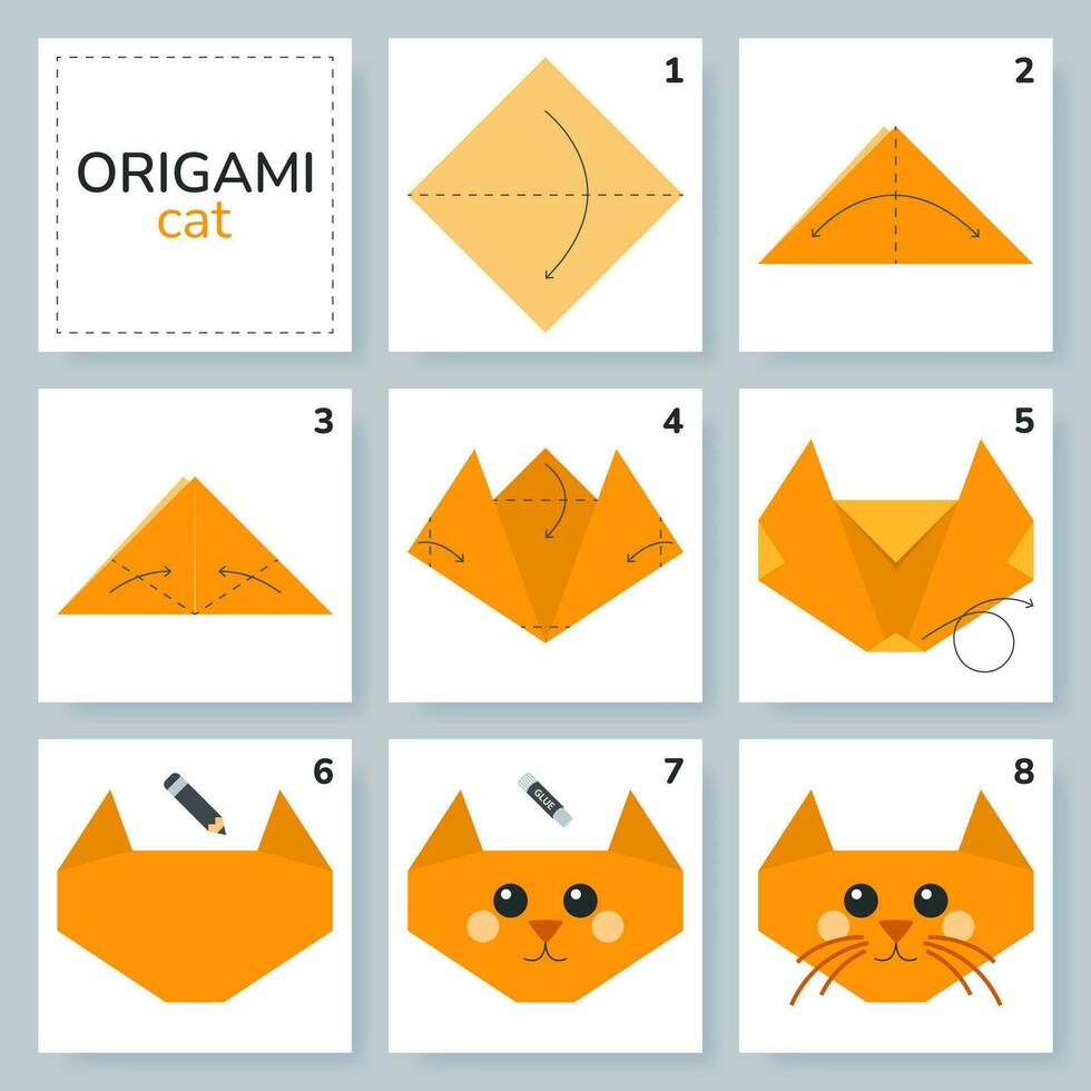 Cat origami scheme tutorial moving model. Origami for kids. Step by step how to make a cute origami kitty. Vector illustration.