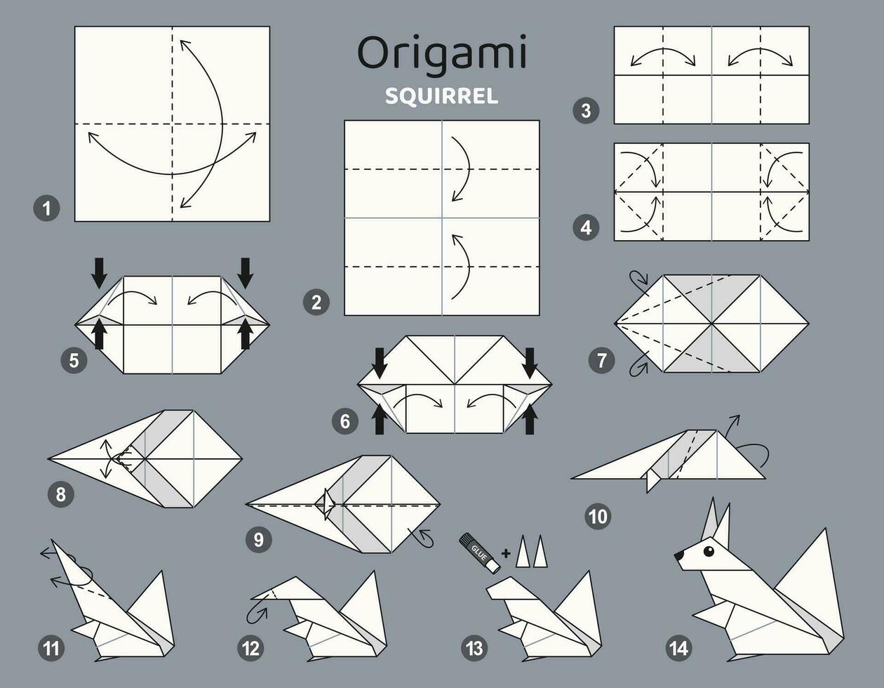 ardilla origami esquema tutorial Moviente modelo. origami para niños. paso por paso cómo a hacer un linda origami salvaje animal. vector ilustración.