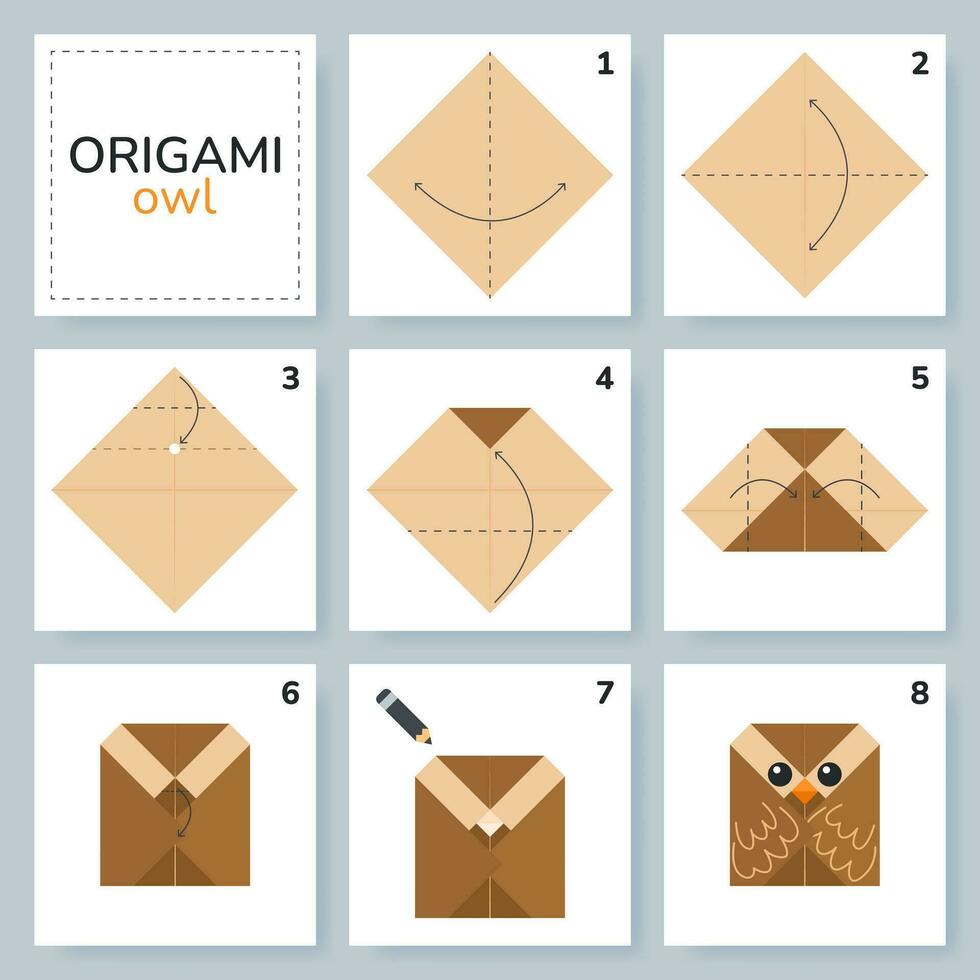 Owl origami scheme tutorial moving model. Origami for kids. Step by step how to make a cute origami bird. Vector illustration.