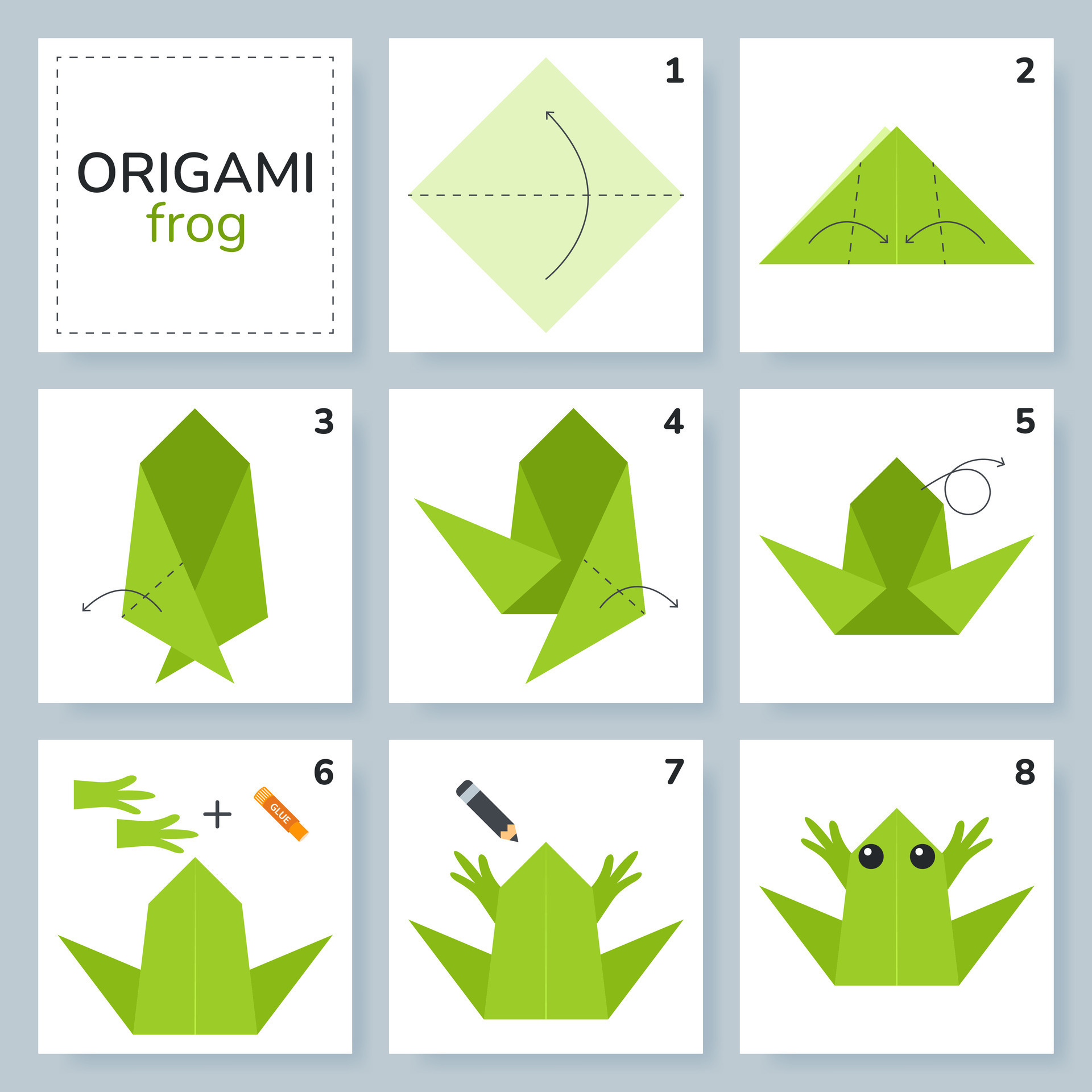 tutorial de esquema de origami de rana modelo en movimiento. papiroflexia  para niños. paso a paso cómo hacer una linda rana de origami. ilustración  vectorial 11363652 Vector en Vecteezy