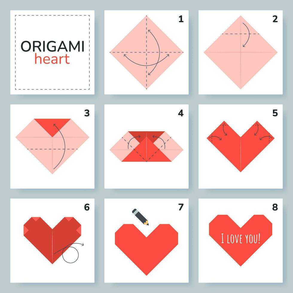 Heart origami scheme tutorial moving model. Origami for kids. Step by step how to make a cute origami heart. Vector illustration.