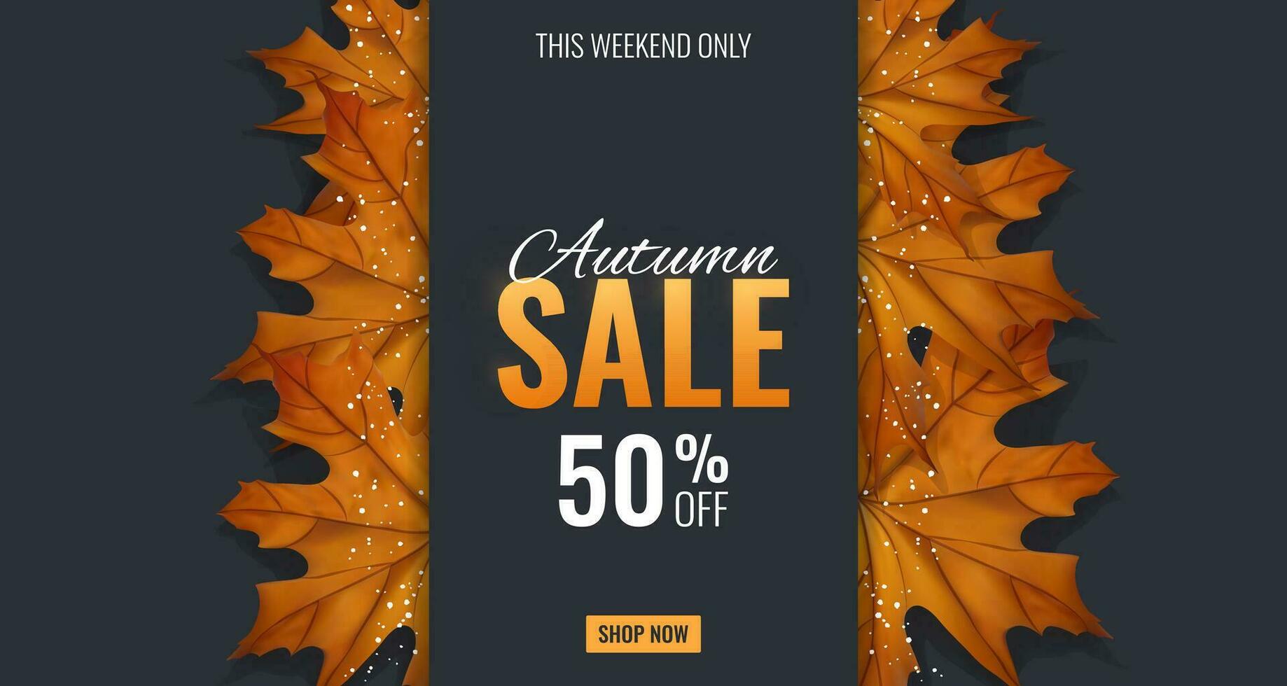 Autumn foliage horizontal sale banner. Poster with Maple leaves on dark backdrop. Hello autumn. Shop now. Colorful web banner. Vector illustration.