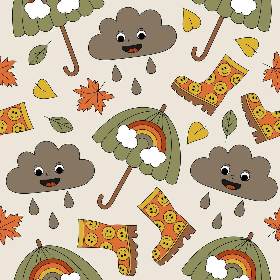 Seamless pattern with umbrella, rain cloud, rubber boots and autumn falling leaves. Fall season, rainy weather concept. Vector background