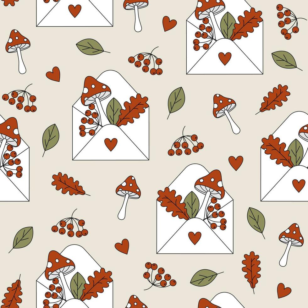 Seamless pattern with envelope, autumn falling leaves, rowanberry and fly agaric. Fall forest, garden, park. Vector background