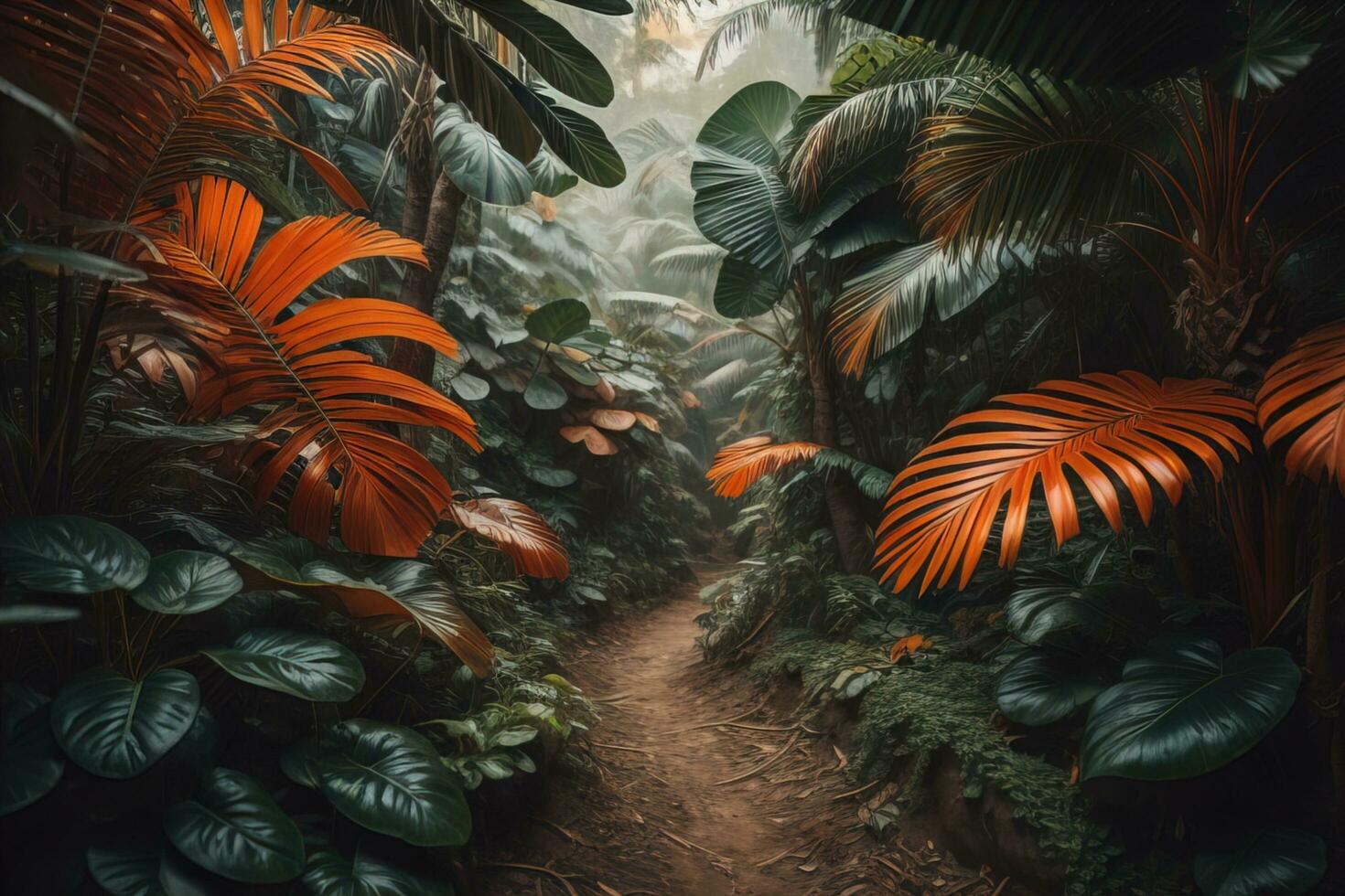 A pathway in tropical rainforest with palm trees and path in the mist. ai generative photo