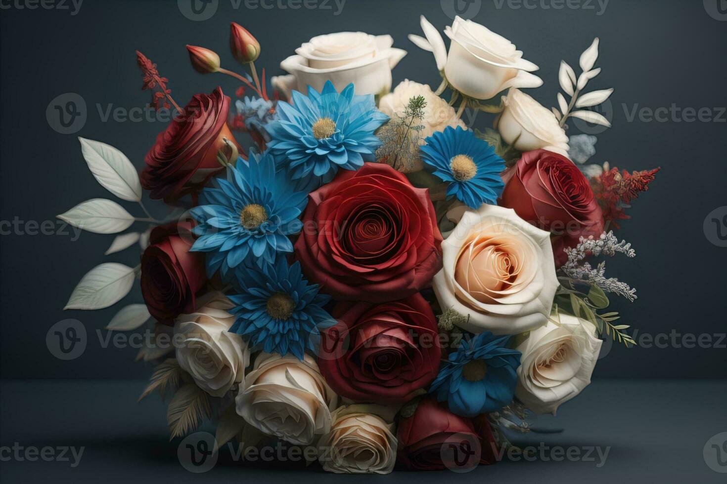 Beautiful bridal bouquet of different flowers on a dark background. ai generative photo