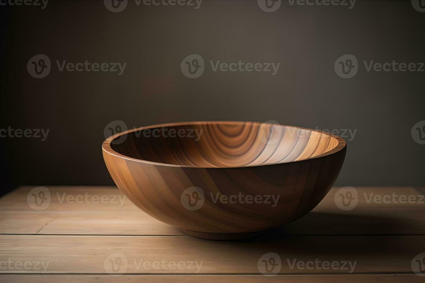 Empty wooden bowl on wooden background. Top view. Copy space. ai generative photo