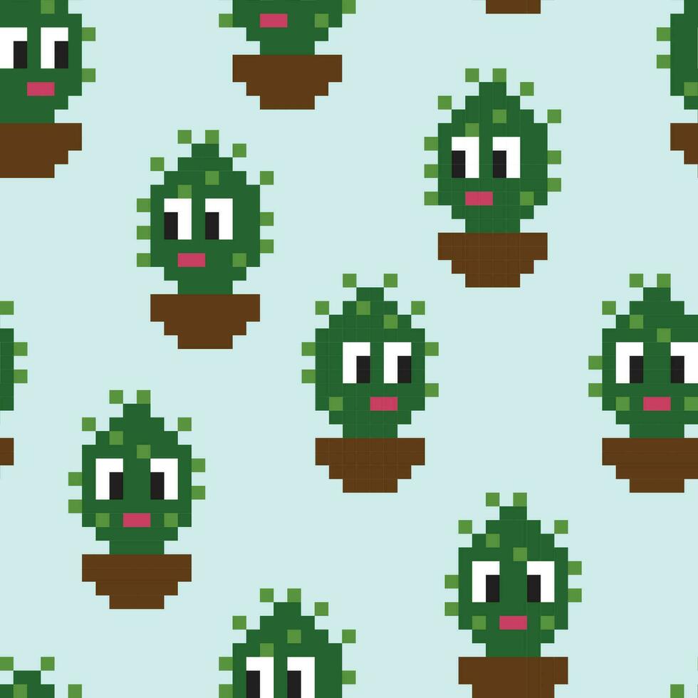 Vector seamless pattern with cute cartoonish cacti in pixel art style