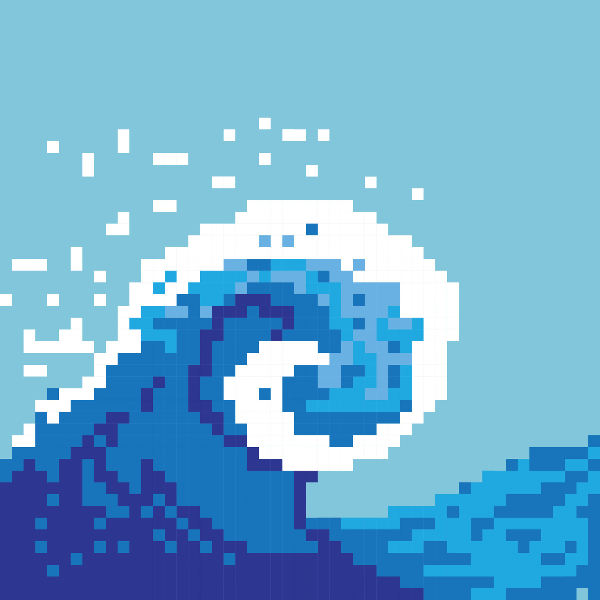 Square vector illustration with the ocean wave. Pixel art style