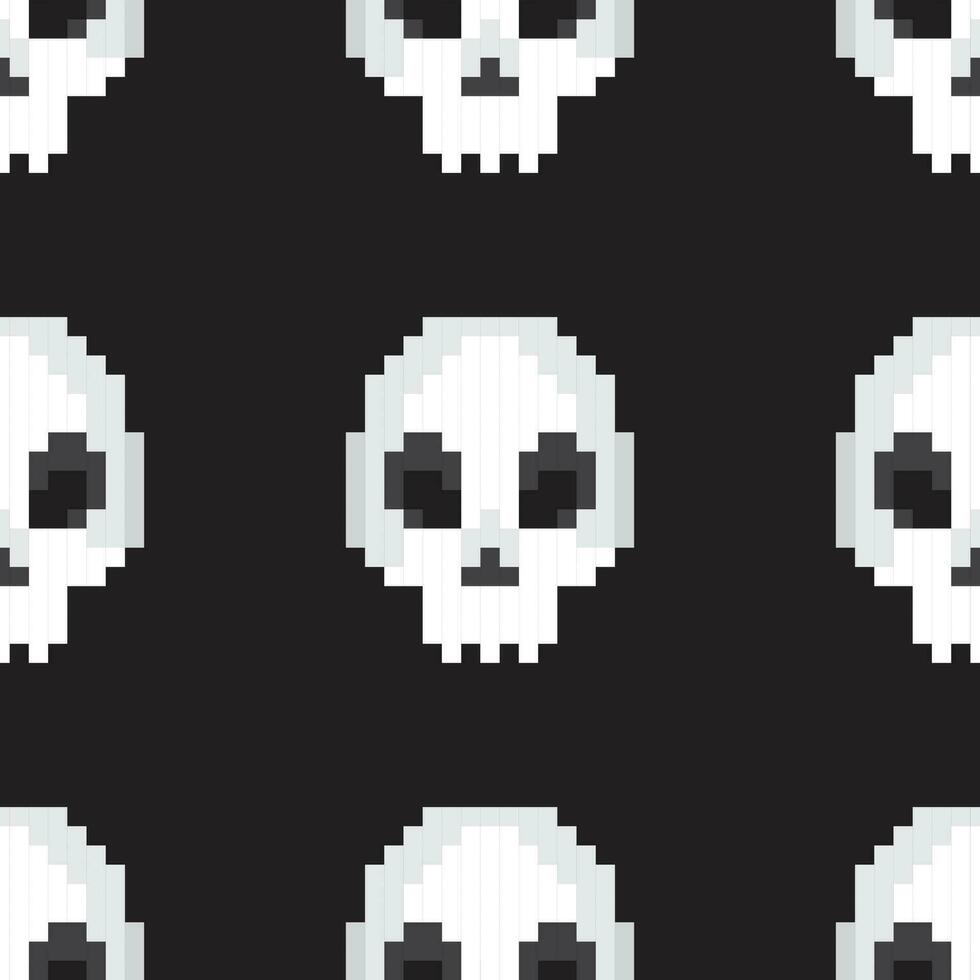 Vector seamless pattern with sculls on black in pixel art style