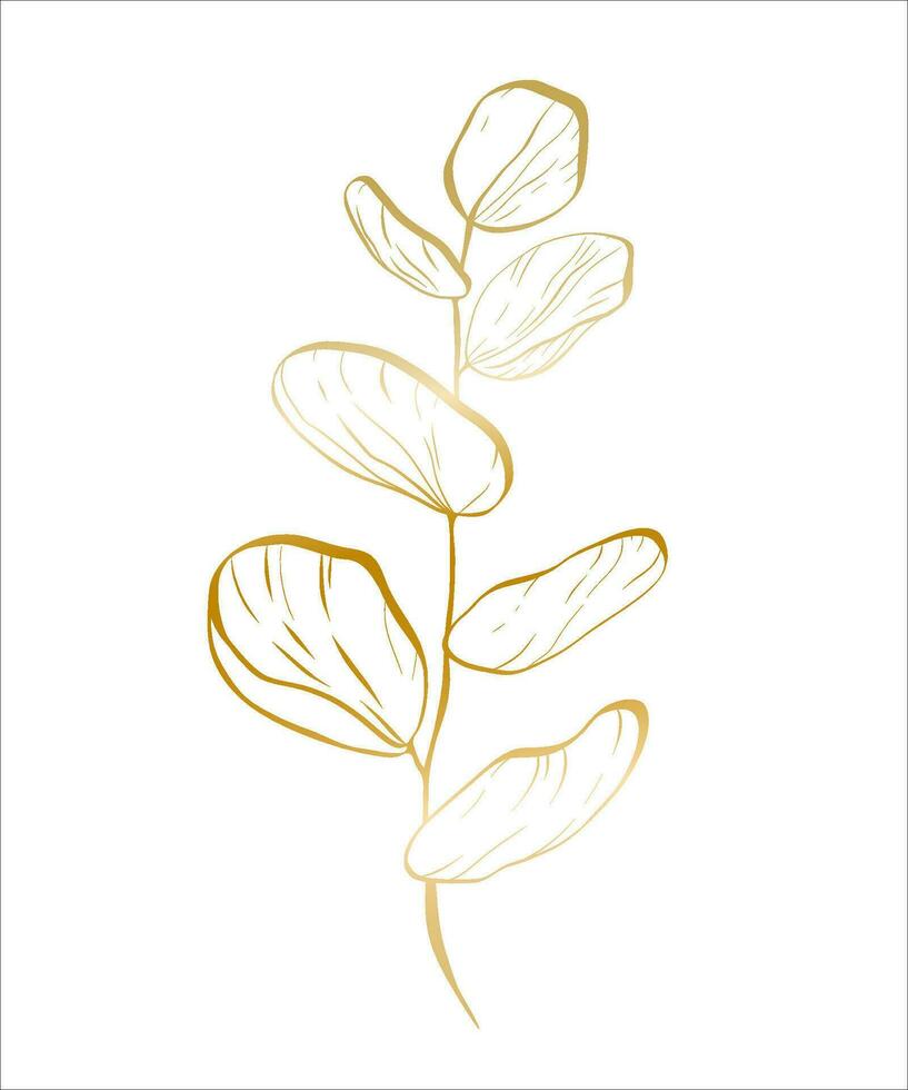 Botanical golden illustration of a eucalyptus branch for wedding invitation and cards, logo design, web, social media and posters template. Elegant minimal style floral vector isolated.