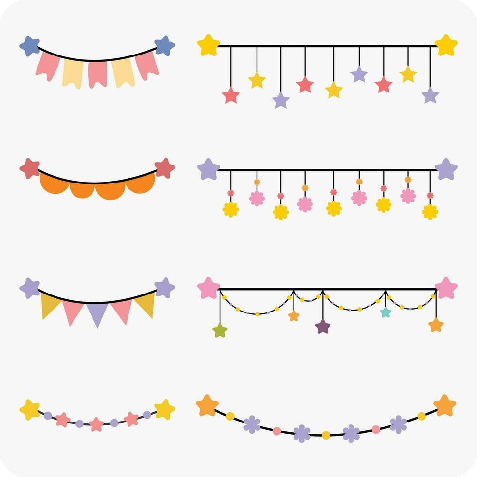 plano diseño vector divertido vistoso colgando guirnalda fiesta celebracion festival cumpleaños colección conjunto