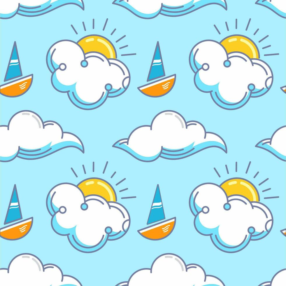 Seamless background sunny cloud over the sea and the sailing boat vector