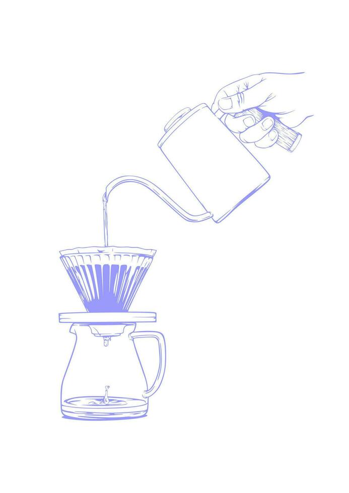 Hand pouring water on coffee dripper V60 with kettle vector