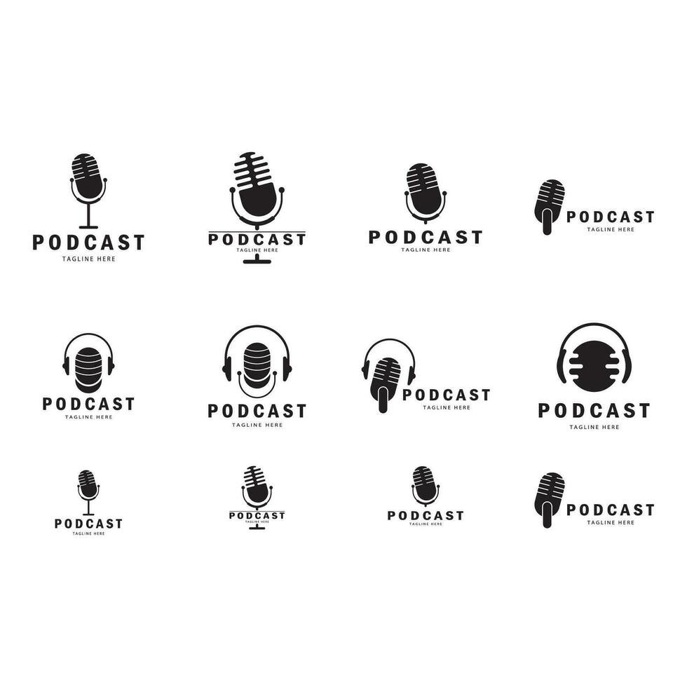 podcast logo with microphone and earphone audio, radio waves. for studio, talk show, chat, information sharing, interview, multimedia and web. vector