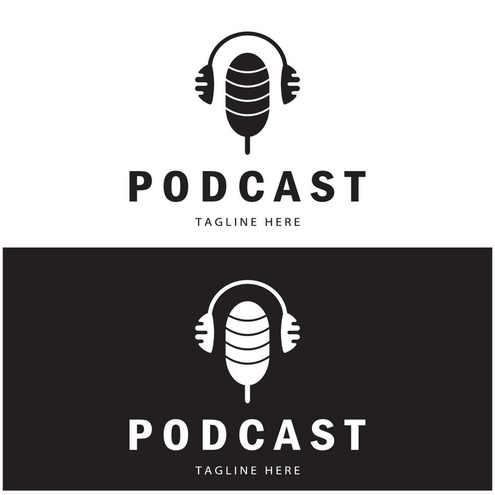 podcast logo with microphone and earphone audio, radio waves. for studio, talk show, chat, information sharing, interview, multimedia and web. vector