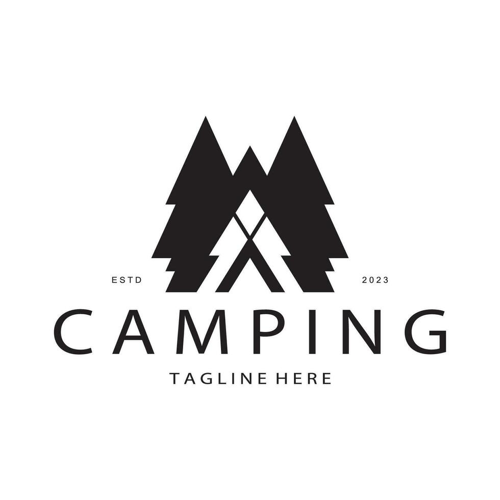 vintage and retro tent logo, camping. With tent, tree and bonfire sign. adventurers, scouts, climbers, camping equipment center vector