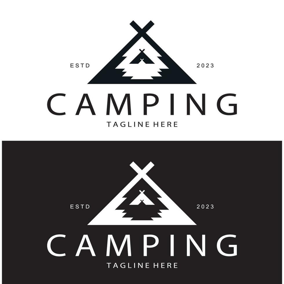 vintage and retro tent logo, camping. With tent, tree and bonfire sign. adventurers, scouts, climbers, camping equipment center vector