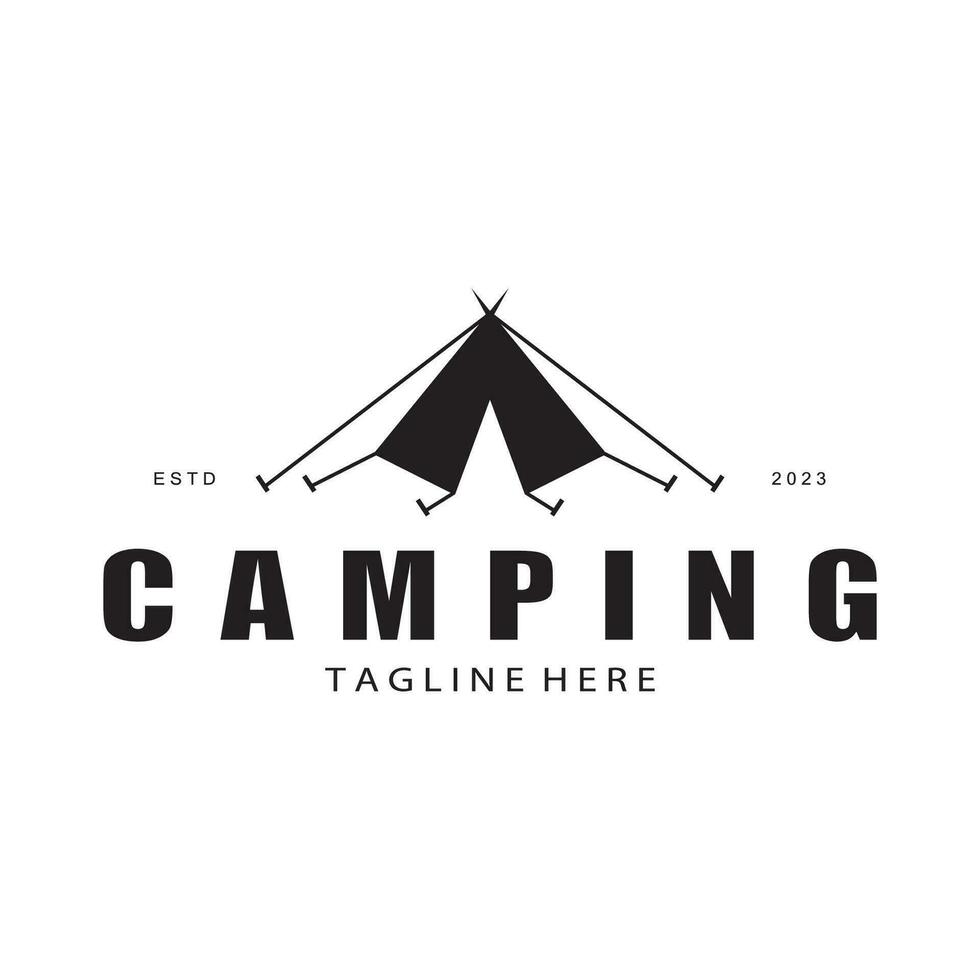 Clásico y retro tienda logo, cámping. con carpa, árbol y hoguera signo. aventureros, exploradores, escaladores, cámping equipo centrar vector