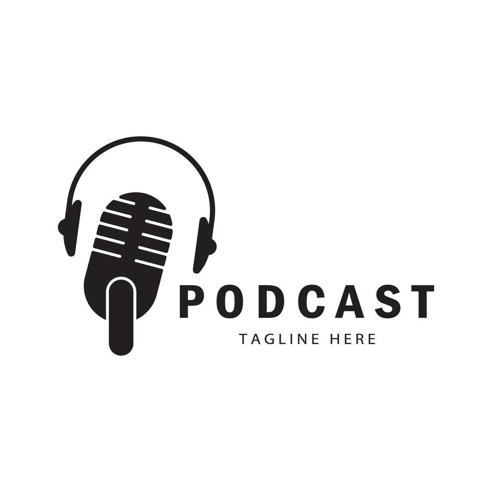 podcast logo with microphone and earphone audio, radio waves. for studio, talk show, chat, information sharing, interview, multimedia and web. vector