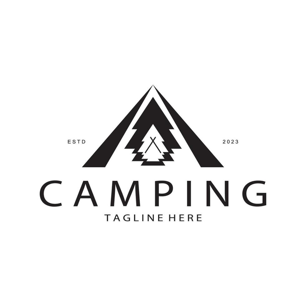 vintage and retro tent logo, camping. With tent, tree and bonfire sign. adventurers, scouts, climbers, camping equipment center vector