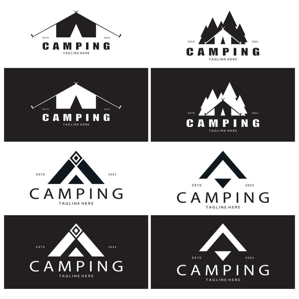 Clásico y retro tienda logo, cámping. con carpa, árbol y hoguera signo. aventureros, exploradores, escaladores, cámping equipo centrar vector