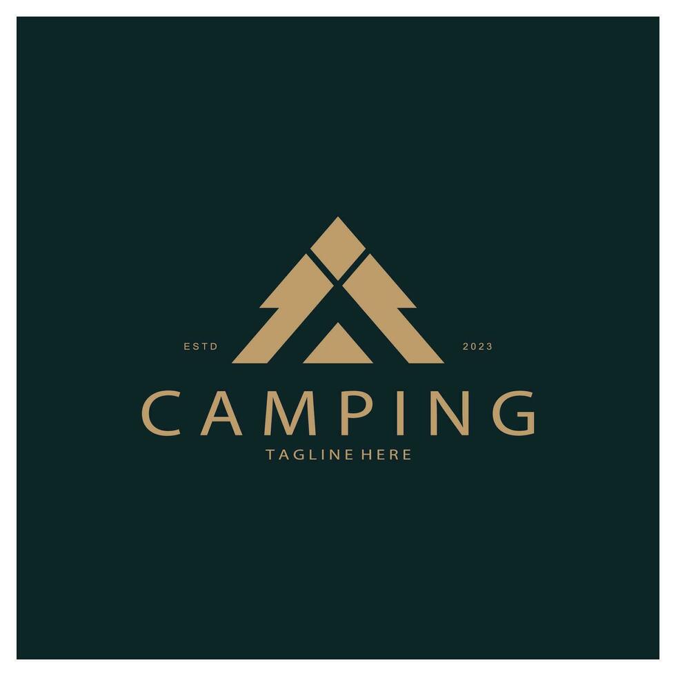 Clásico y retro tienda logo, cámping. con carpa, árbol y hoguera signo. aventureros, exploradores, escaladores, cámping equipo centrar vector