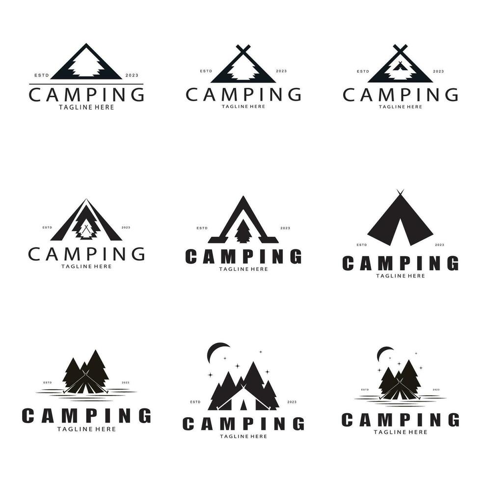 Clásico y retro tienda logo, cámping. con carpa, árbol y hoguera signo. aventureros, exploradores, escaladores, cámping equipo centrar vector