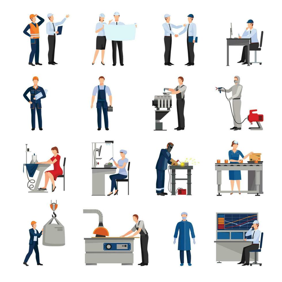 Icons set drawn flat style different factory workers vector