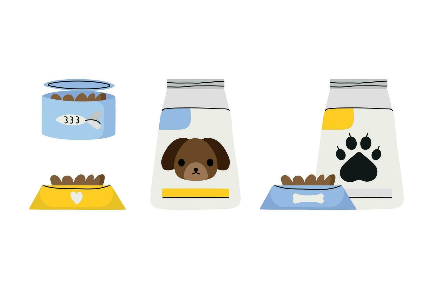 Cat and dog food. Cartoon pet feed containers or packs. Home animals wet and dry meal. vector