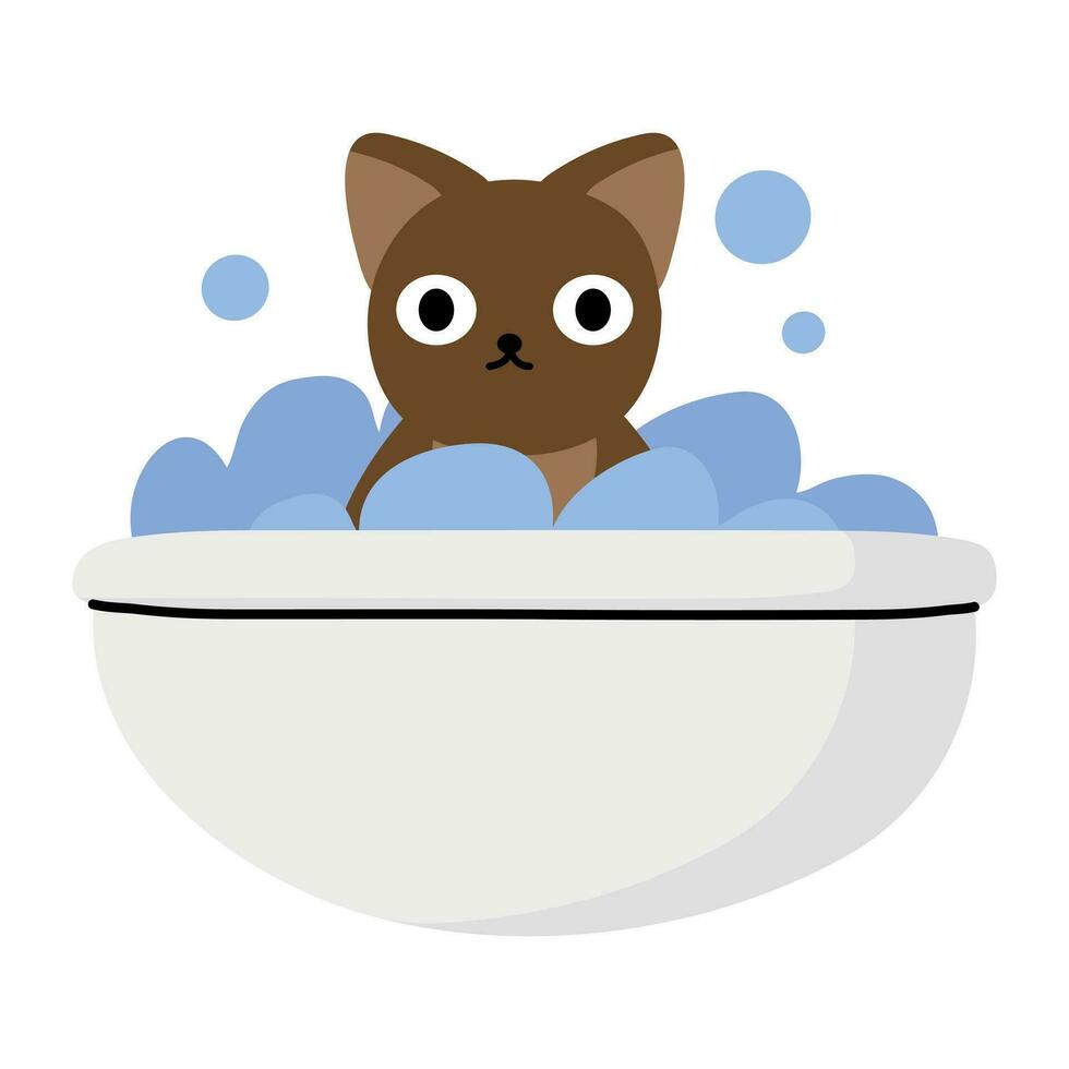 Cat taking shower in bath full of soap foam and bubbles. vector