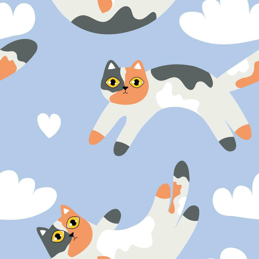 Cute seamless vector pattern with cats and clouds