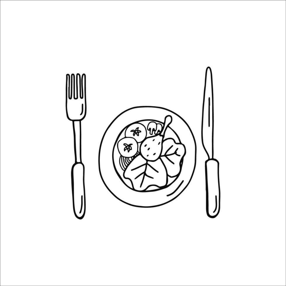 Healthy food plate, knife and fork. Linear doodle style. vector