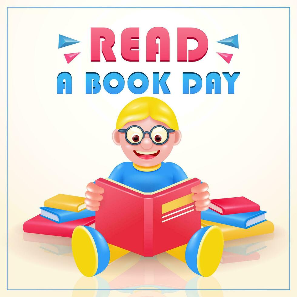 Child with glasses holding an open book and reading. Suitable 3d vector for book festival poster, education, cultural festival day, library or reading event for kids