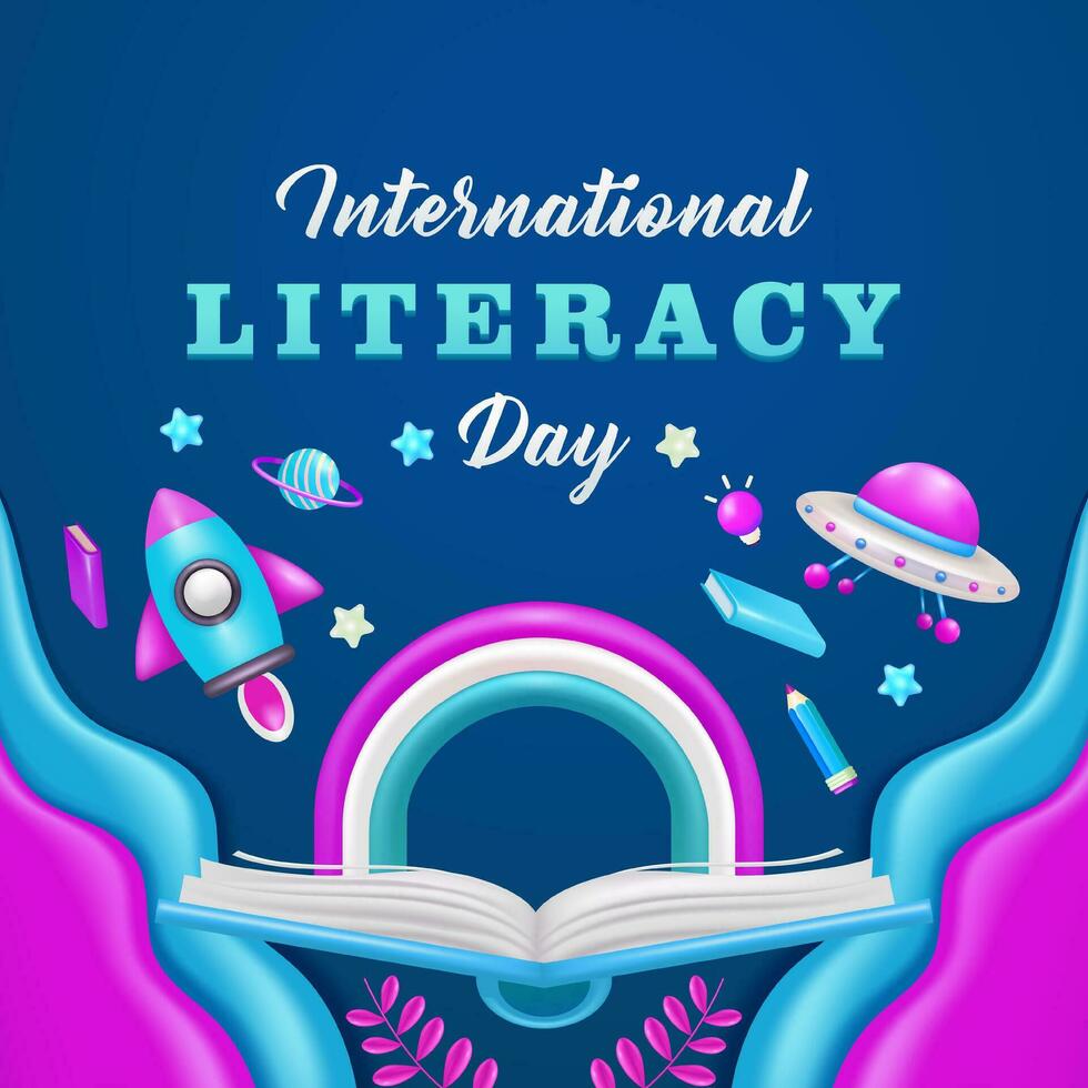 internacional literatura día. un 3d vector abierto libro con elementos de el universo, arcoíris, cohete, estrellas, planetas, OVNI, libros y luces. adecuado para educación