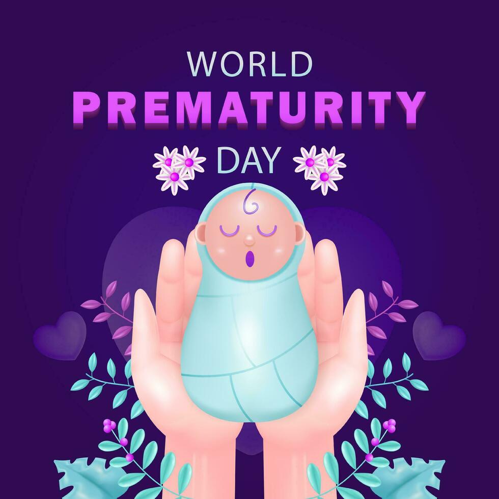 World Prematurity Day. Baby lying in his mother's hand with plant and flower ornaments. 3d illustration of a premature baby, suitable for events vector