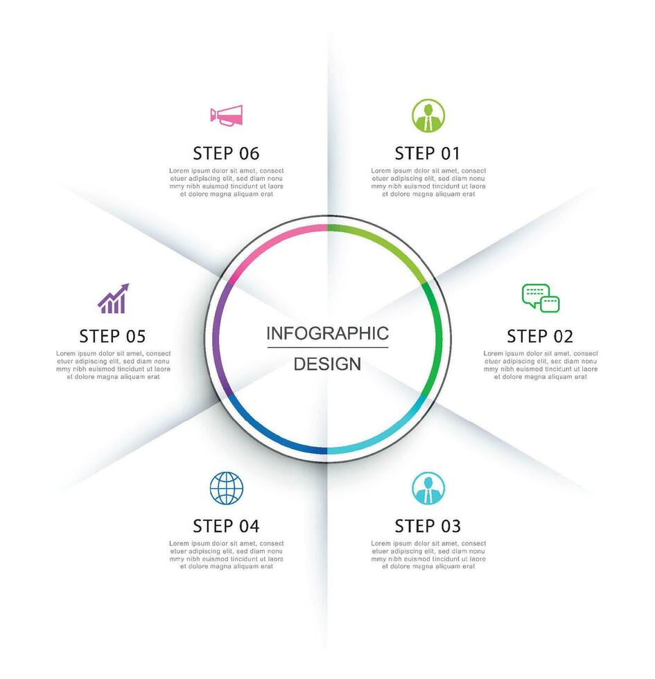Infographics circle timeline with 6 number data template. Vector illustration abstract background.