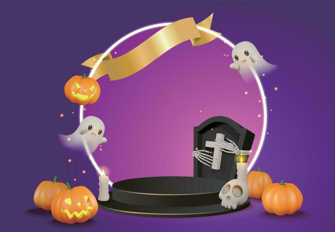 Halloween sale stand with ghosts, skulls and more vector