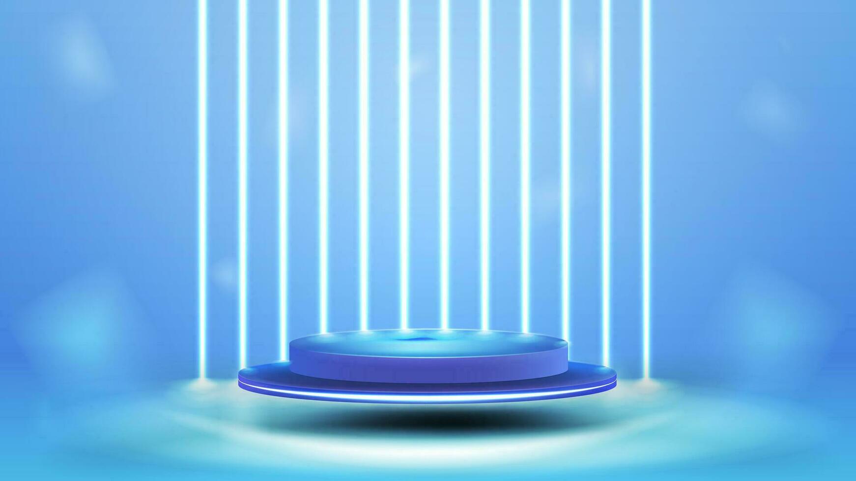 Blue podium floating in the air in bright light scene with wall of line vertical white neon lamps on background. vector