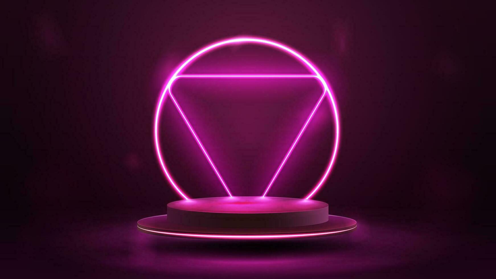 Empty pink podium floating in the air with pink neon ring and triangle on background. vector