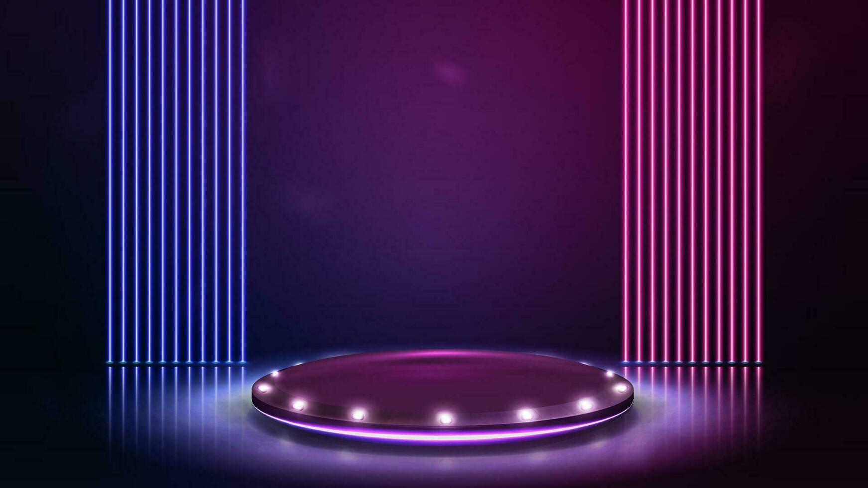 Empty round violet podium for product presentation with spotlights and laser line neon wall on background, 3d realistic vector illustration.