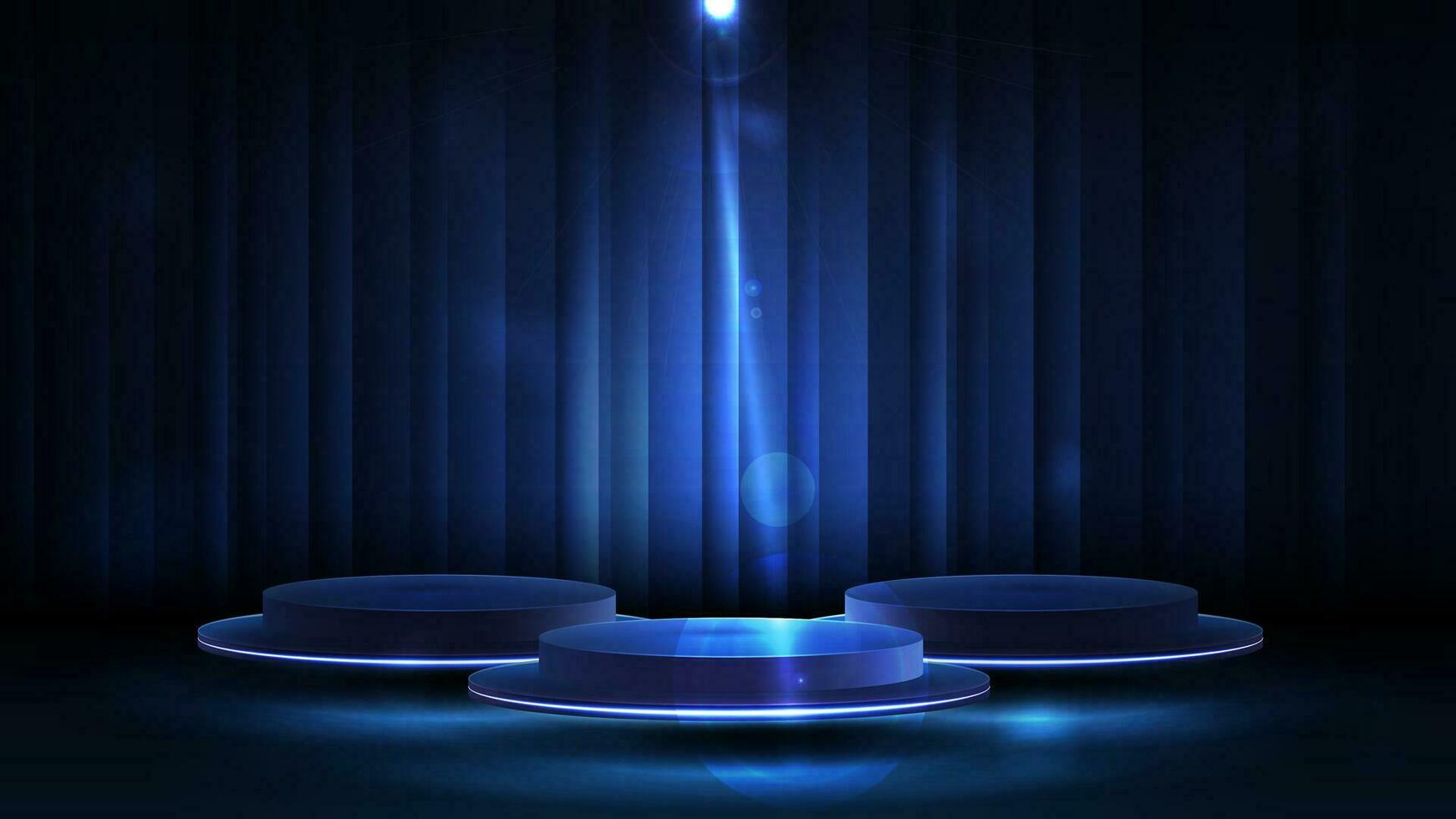 Dark and blue scene for product presentation with 3d realistic empty blue podiums floating in the air and curtain on background vector
