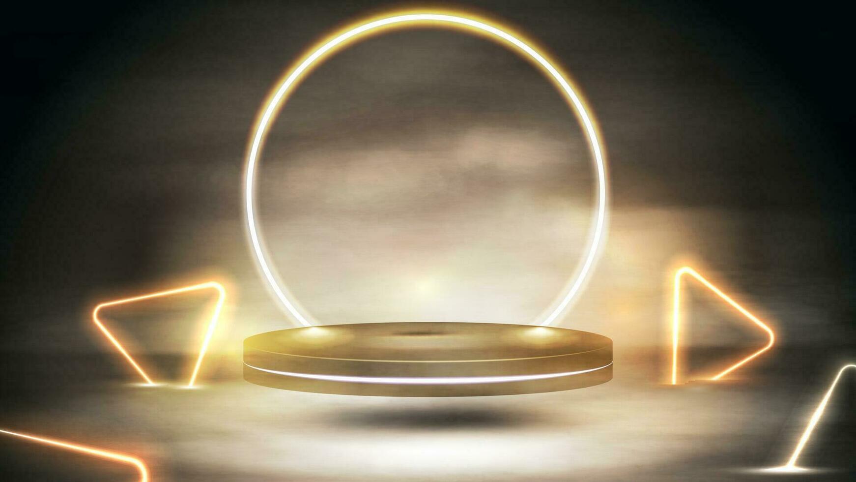 Empty gold podium for product presentation with gold neon triangles around in fog, 3d realistic vector illustration. Gold digital background