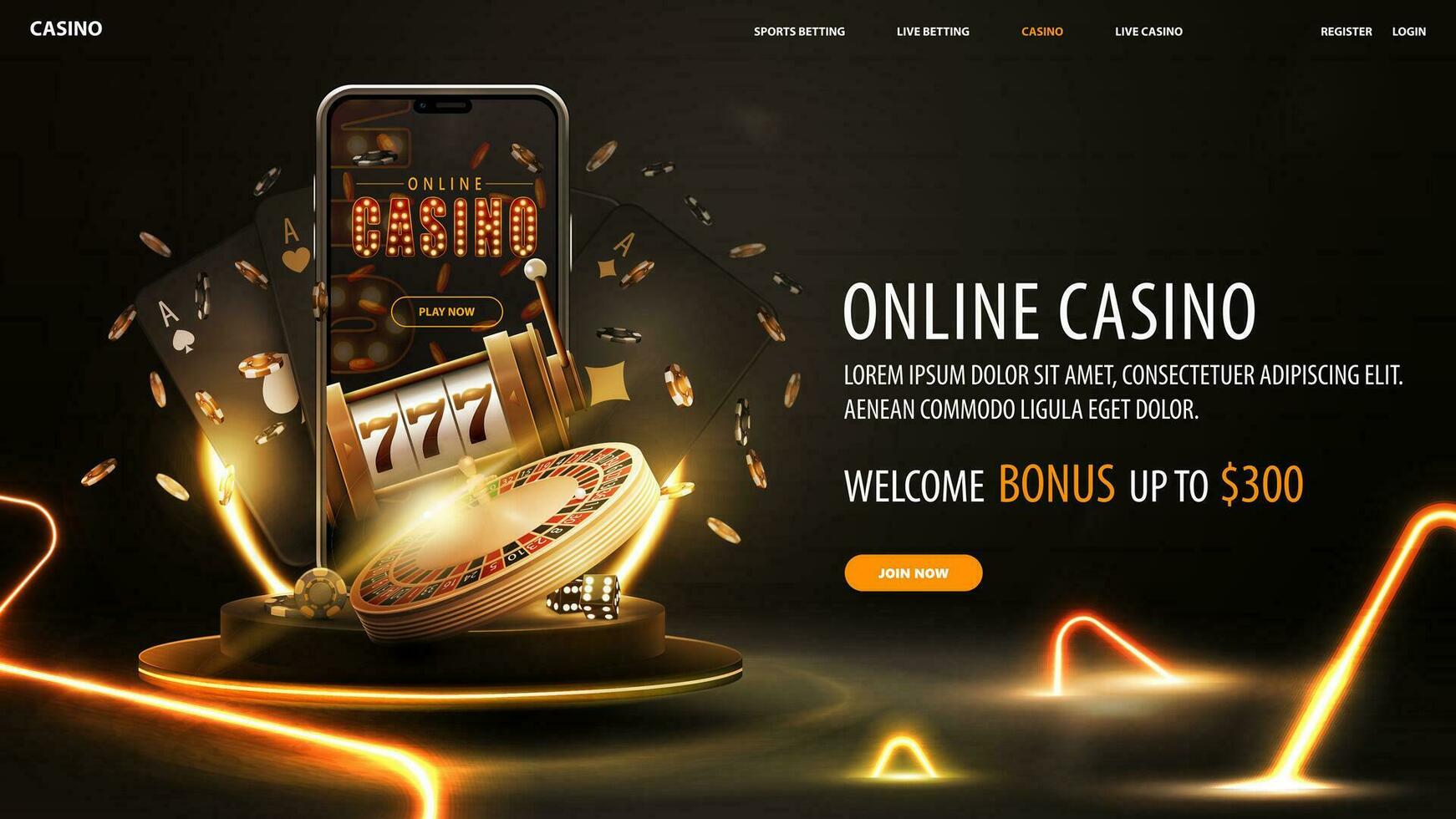 Online casino, welcome bonus, black banner with offer, podium with smartphone, casino slot machine, Casino Roulette, cards and poker chips in dark scene with gold neon triangles around vector