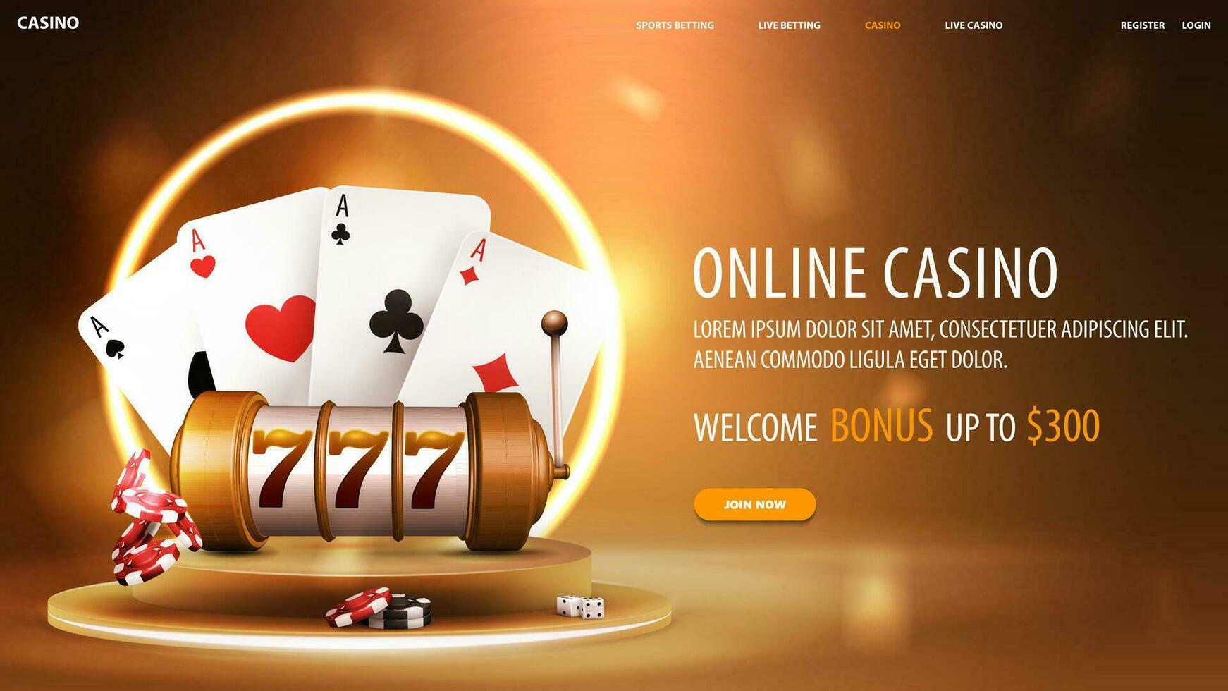 Online casino, gold banner with offer, casino slot machine and playing cards on gold podium with neon ring vector