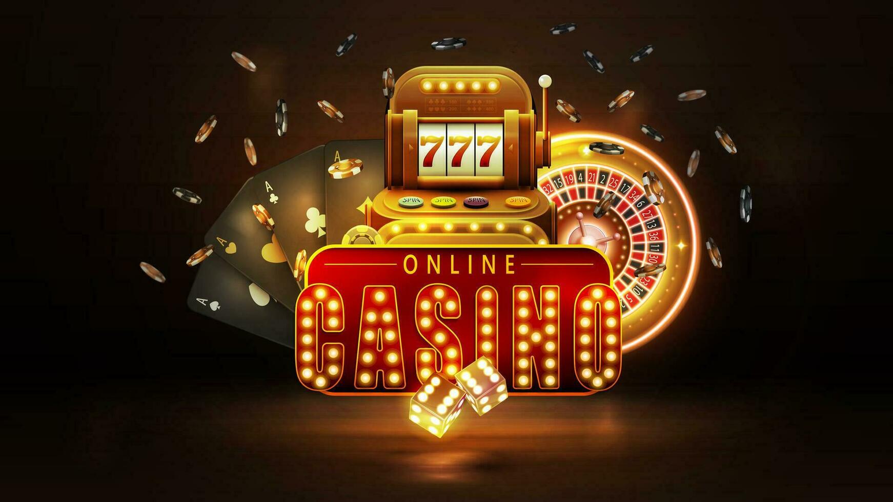 en línea casino, póster con rojo retro letrero, oro casino espacio máquina, negro jugando tarjetas, neón oro ruleta, dado y papas fritas vector