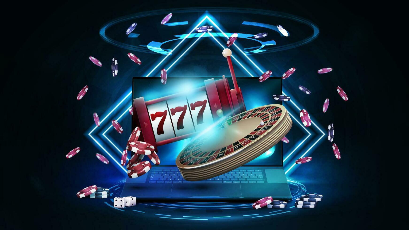 Online casino, banner with hologram podium with laptop, casino slot machine, Casino Roulette and poker chips in dark scene with neon rhombus frames and hologram of digital rings vector