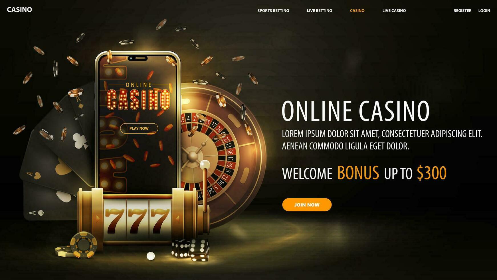 Online casino, black and gold web banner with offer, smartphone, slot machine, Casino Roulette, poker chips and playing cards. vector