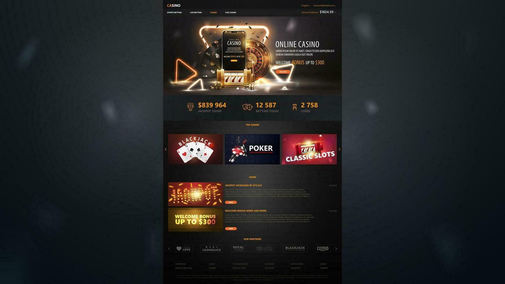 Dark and gold template of online casino website with casino elements. Website design of online casino vector