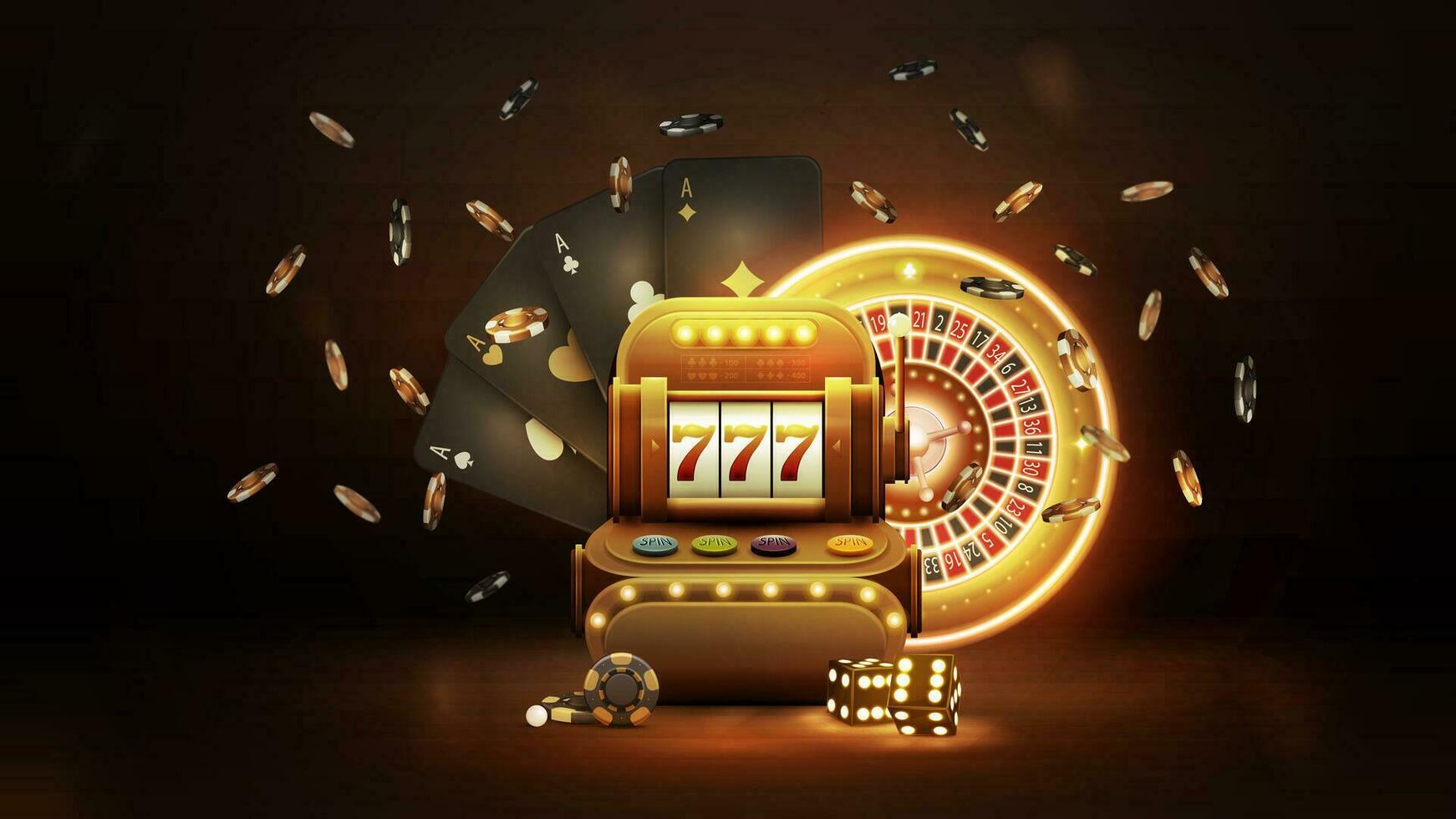 Gold Casino Slot Machine with black playing cards, neon gold roulette, dice and chips in dark scene. Casino backdrop for your arts vector